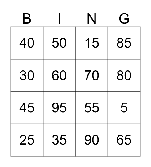 5 Times Table Bingo Card