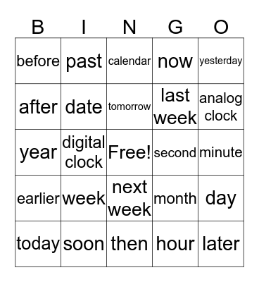 Time words Bingo Card