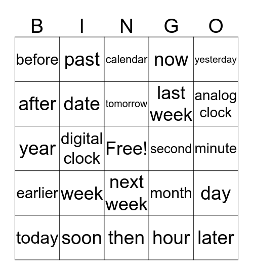 Time words Bingo Card