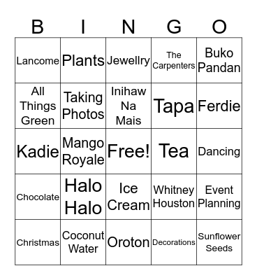Kathy's Favourite Things Bingo Card