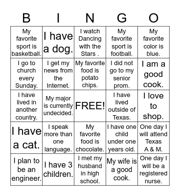 Introduction Bingo Card