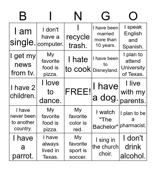 Introduction Bingo Card