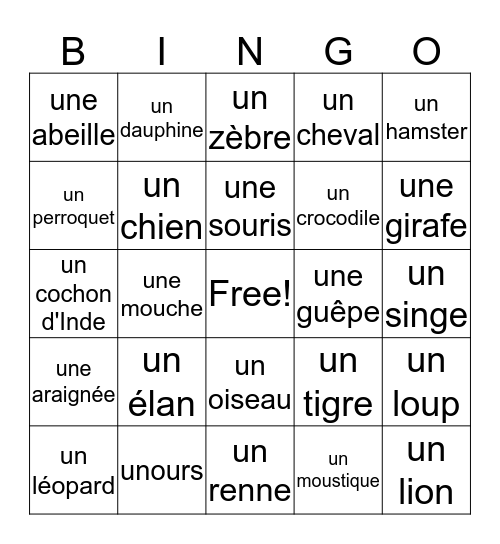 Animaux Bingo Card