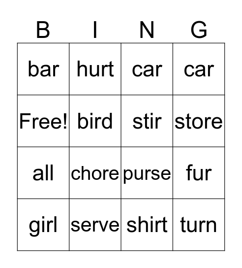 Spelling Words Bingo Card