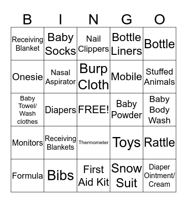 Jessica's Baby Gift Bingo Card