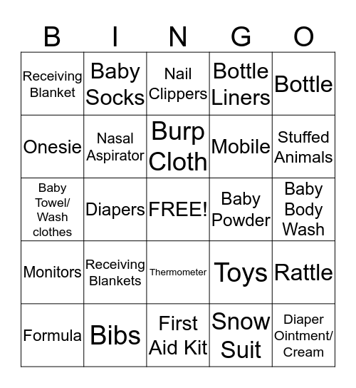 Jessica's Baby Gift Bingo Card