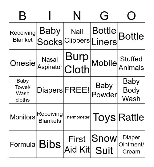 Jessica's Baby Gift Bingo Card