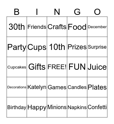 Katelyn's Birthday Bingo Card