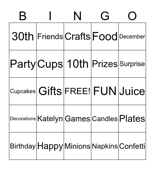 Katelyn's Birthday Bingo Card