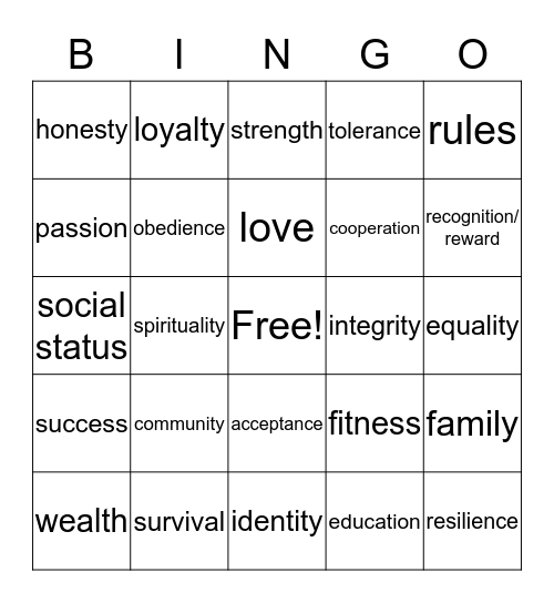 Values Bingo Card