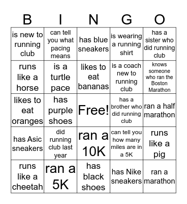 Running Club Bingo - Find someone who... Bingo Card