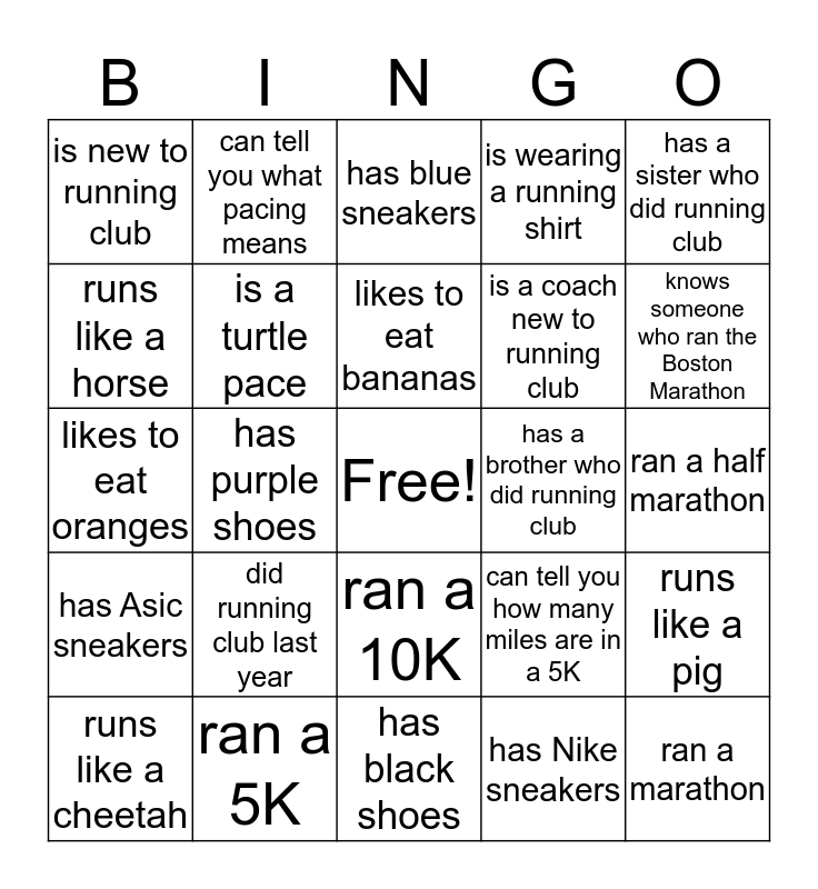 Running Club Bingo - Find someone who... Bingo Card