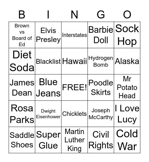 50s Bingo Card