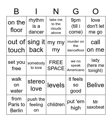 PENNYHILL music bingo 00'S DANCE Bingo Card