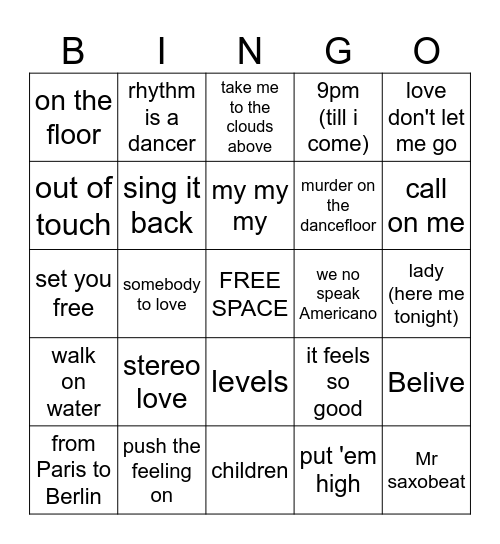 PENNYHILL music bingo 00'S DANCE Bingo Card