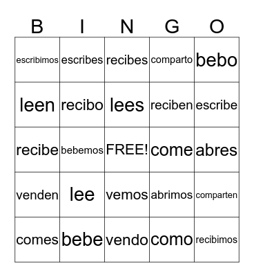 -ER   -IR VERBS Bingo Card