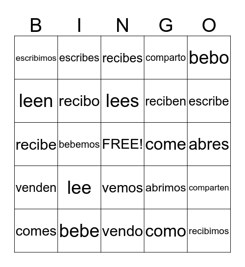 -ER   -IR VERBS Bingo Card
