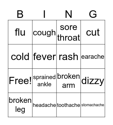 Health Problems Bingo Card
