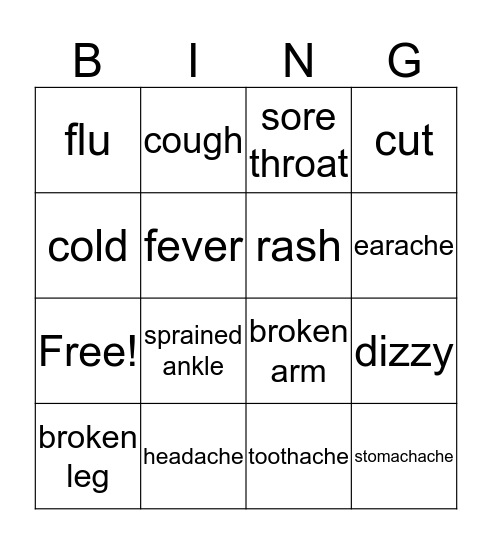 Health Problems Bingo Card