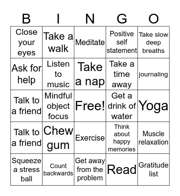 Relaxation Bingo Card