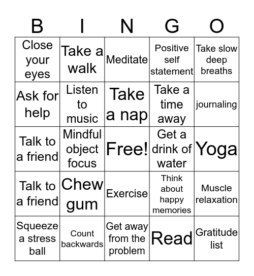 Relaxation Bingo Card