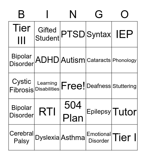 Disabilities Bingo Card