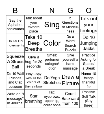 Coping Skills Bingo Card