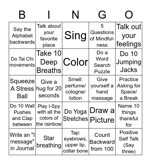 Coping Skills Bingo Card