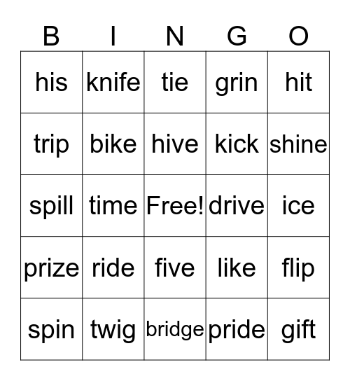 Week 2: Short i, Long i (i_e), Long i (ie) Bingo Card