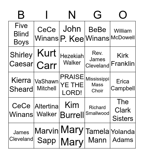 GOSPEL SINGERS Bingo Card