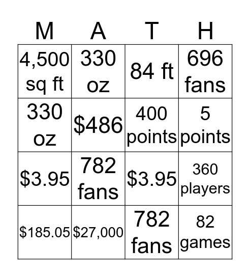 Math Review Bingo Card