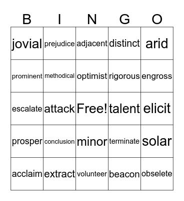 Vocabulary Words Bingo Card