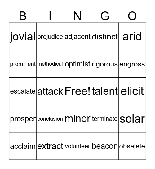 Vocabulary Words Bingo Card