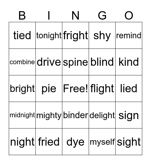 Long i-(i, ie,igh, y) Bingo Card