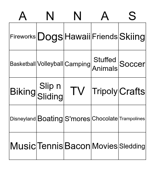 Anna's Bingo Card