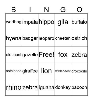 Safari Animal Bingo Card