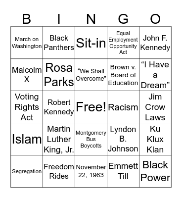 Civil Rights Bingo Card