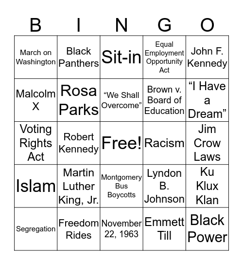 Civil Rights Bingo Card
