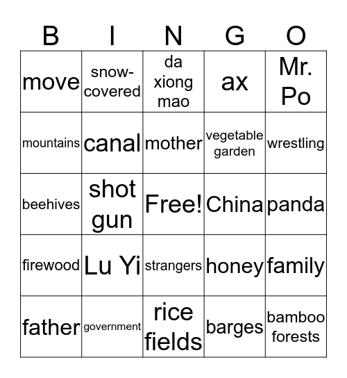 The Year of the Panda Chapters 1-3 Bingo Card