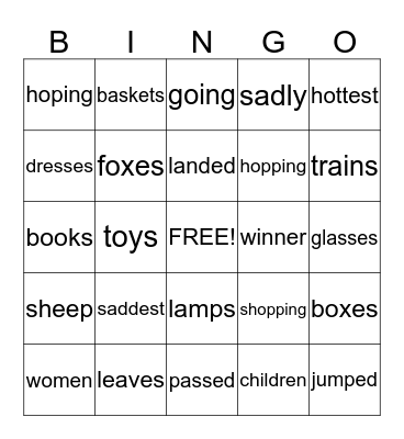 Plurals and Suffixes Bingo Card