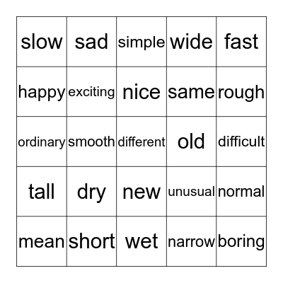 Adjective Bingo Card