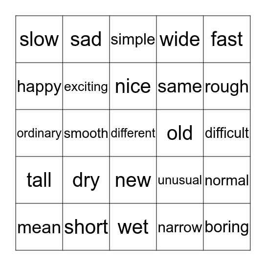 Adjective Bingo Card