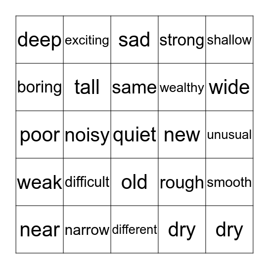 Adjective Bingo Card