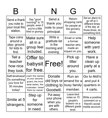 Random Acts of Kindness Bingo Card