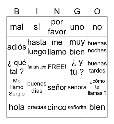 Spanish Greetings Bingo Card