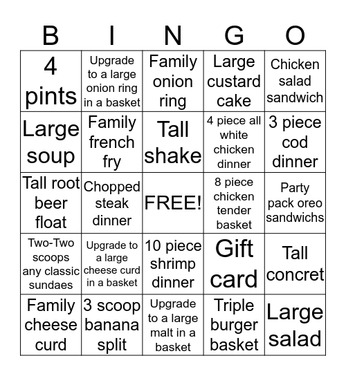 CULVERS Bingo Card