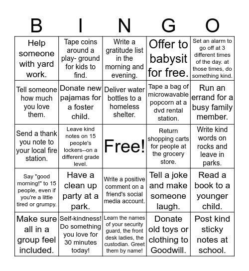 Random Acts of Kindness from Everyone! Bingo Card