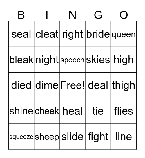 Long e and i Bingo Card