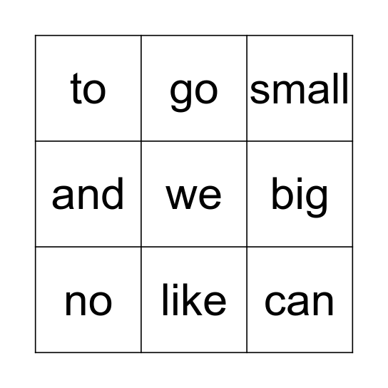 SIGHT WORD BINGO Card