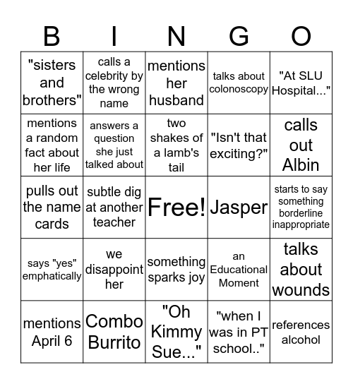 Kimmy Sue Bingo Card